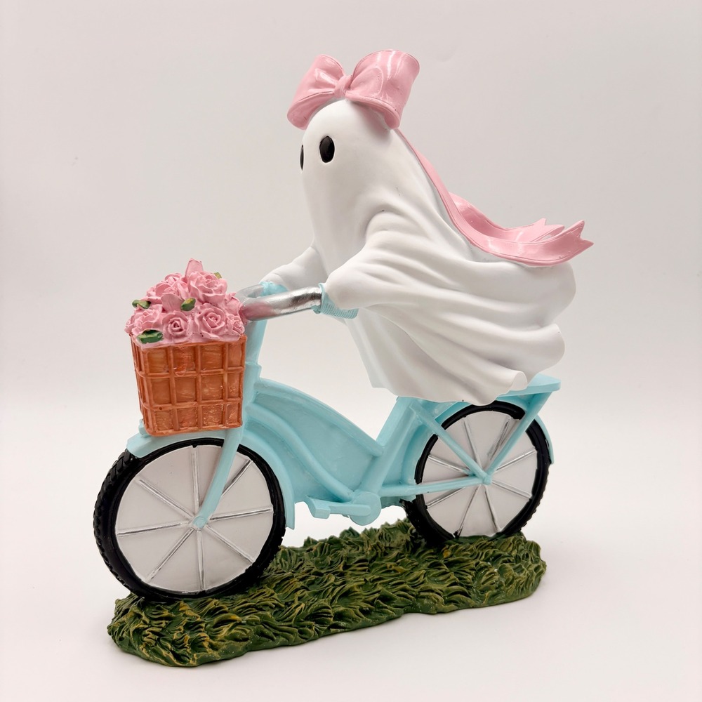 Pastel Ghost Riding Bicycle Figurine Pink Roses Bow Halloween Decor Summerween